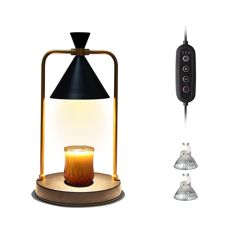 Candle Warmer with Timer and Dimmer Electric candle warmer with a black conical shade, circular base, and inline timer remote
